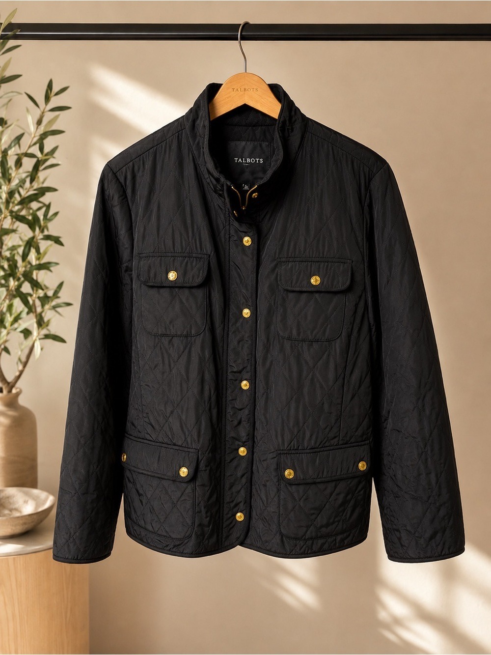 Talbots Women’s Quilted Utility Lightweight Jacket • XL Black Gold Snap Jacket